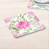水彩桃色かわいらし牡丹パターン スクエアペーパーコースター (アングル)