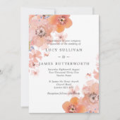 水彩桃色とグレーの花のウェディング 招待状 (正面)