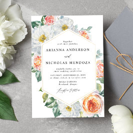 水彩桃色と白の花モチーフ ゴールドフレームのウェディング 招待状