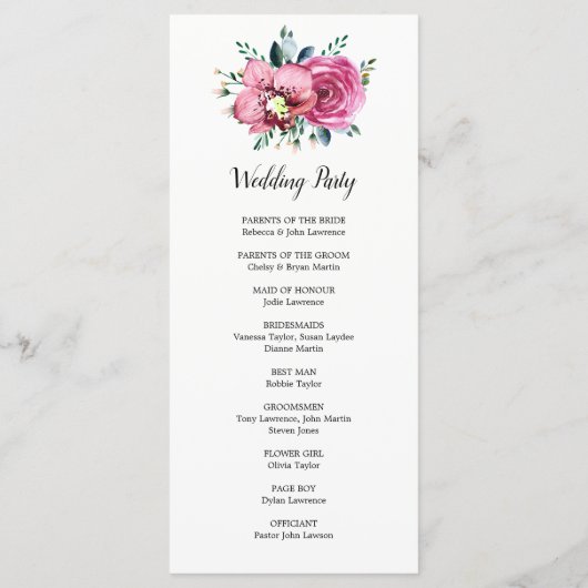 水彩桃色のバラの蘭結婚の式典 プログラム (裏面)