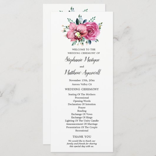 水彩桃色のバラの蘭結婚の式典 プログラム (正面/裏面)