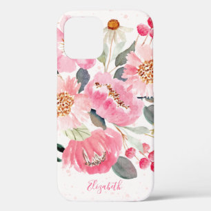 水彩桃色の庭の花 iPhone 12ケース
