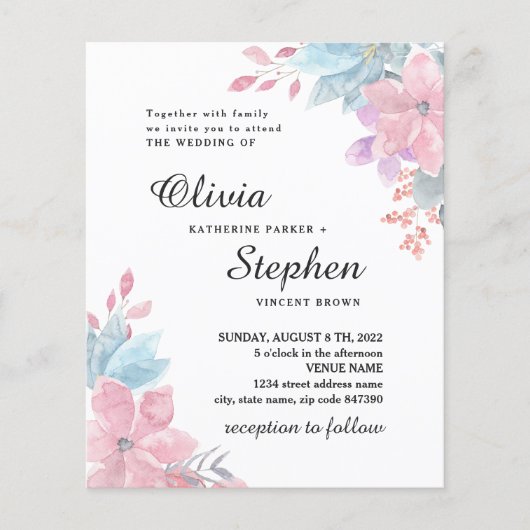 水彩桃色の植物性フローラ結婚ズ。赤面インビ チラシ (正面)