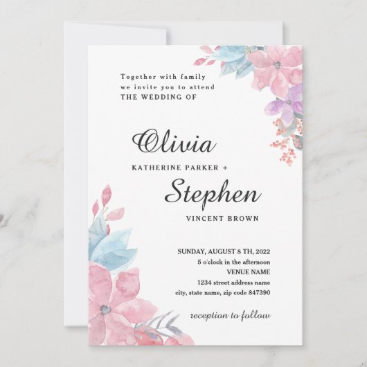 水彩桃色の植物性フローラ結婚ズ。赤面 招待状 (正面)