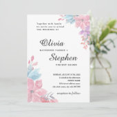 水彩桃色の植物性フローラ結婚ズ。赤面 招待状 (スタンド正面)