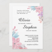 水彩桃色の植物性フローラ結婚ズ。赤面 招待状 (正面/裏面)