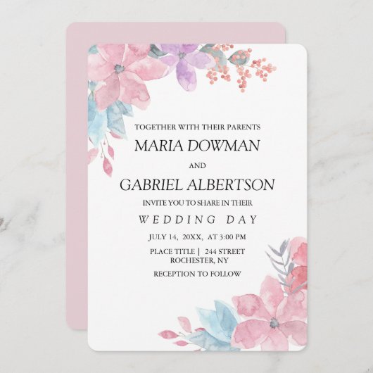 水彩桃色の植物性フローラ結婚ズ。赤面 招待状 (正面/裏面)