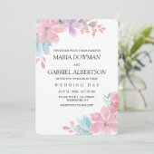 水彩桃色の植物性フローラ結婚ズ。赤面 招待状 (スタンド正面)