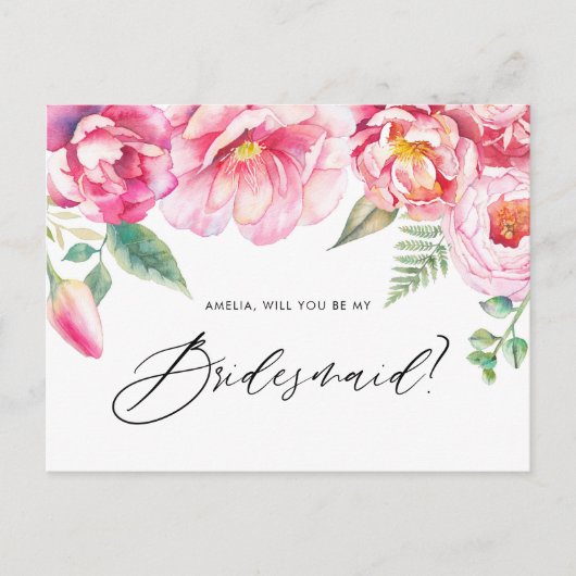 水彩桃色の牡丹が私の花嫁になる インビテーションポストカード (正面)