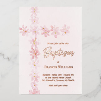水彩桃色の花がバプテスマを越える 箔招待状