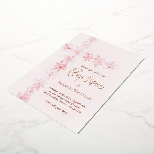 水彩桃色の花がバプテスマを越える 箔招待状 (回転した状態)