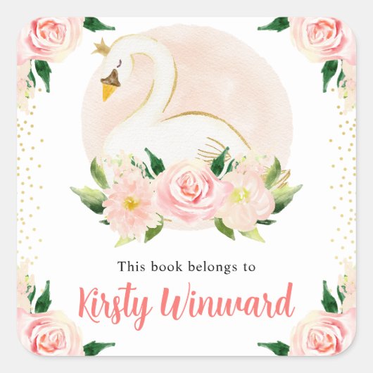 水彩桃色の花と白鳥の蔵書票 スクエアシール (正面)