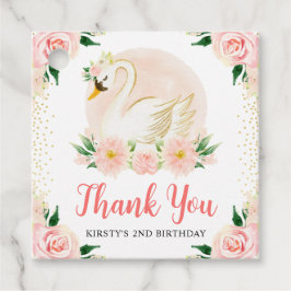 水彩桃色の花と白鳥の誕生日 フェイバータグ