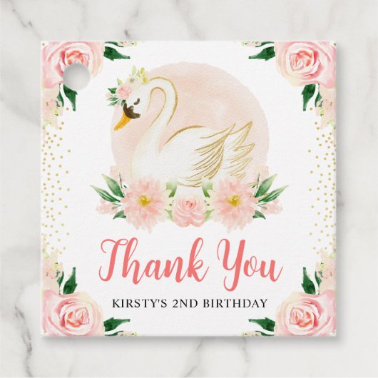 水彩桃色の花と白鳥の誕生日 フェイバータグ (正面)