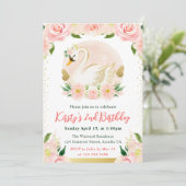 水彩桃色の花と白鳥の誕生日 招待状 (スタンド正面)