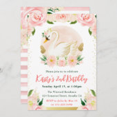 水彩桃色の花と白鳥の誕生日 招待状 (正面/裏面)