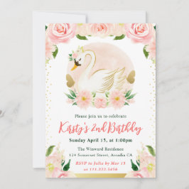 水彩桃色の花と白鳥の誕生日 招待状
