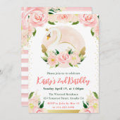 水彩桃色の花と白鳥の誕生日 招待状 (正面/裏面)