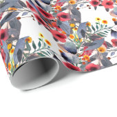 水彩桃色の花と青葉灰色 ラッピングペーパー (ロールコーナー)