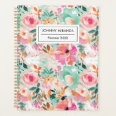 水彩桃色の花の月と週 プランナー手帳 (正面)