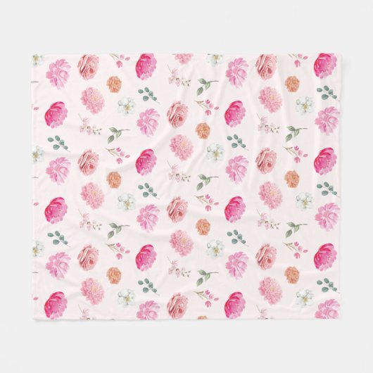 水彩桃色の花バラと牡丹 フリースブランケット (正面(横))