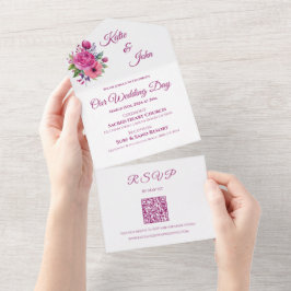水彩桃色の花花束結婚の –  オールインワン招待状