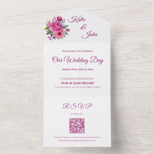 水彩桃色の花花束結婚の –  オールインワン招待状 (内側)