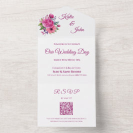 水彩桃色の花花束結婚の –  オールインワン招待状