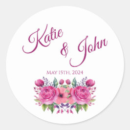 水彩桃色の花花束結婚の –  ラウンドシール