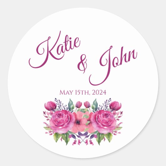 水彩桃色の花花束結婚の –  ラウンドシール (正面)
