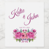 水彩桃色の花花束結婚の –  ワインラベル (シングルラベル)