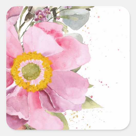 水彩桃色の花 スクエアシール (正面)