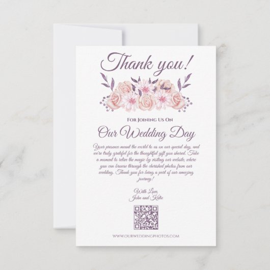 水彩桃色の花 – 写真結婚の –  サンキューカード (裏面)