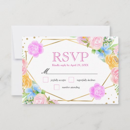 水彩桃色イエローブルー結婚花 出欠カード (正面)