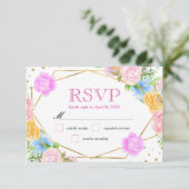 水彩桃色イエローブルー結婚花 出欠カード (スタンド正面)