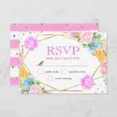 水彩桃色イエローブルー結婚花 出欠カード (正面/裏面)