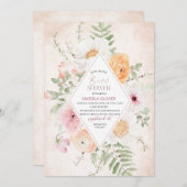 水彩桃色エレガント花ブライダルシャワー 招待状 (正面/裏面)