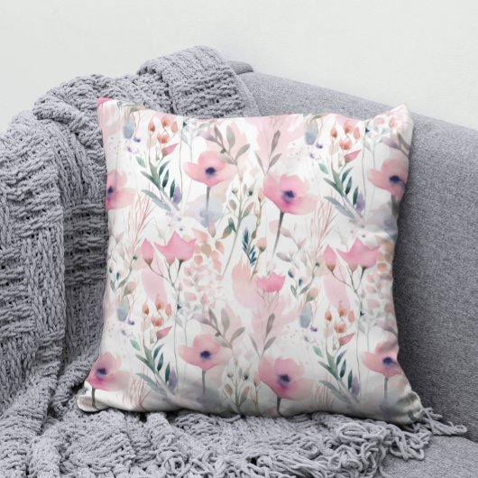 水彩桃色エレガント野草花柄 クッション