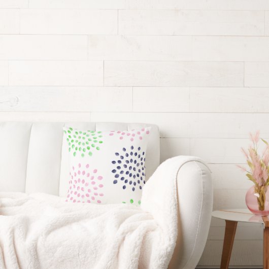 水彩桃色ネイビーグリーン花 クッション (ソファ)