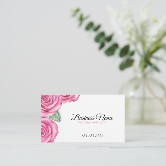 水彩桃色バラ服店 名刺 (スタンド正面)