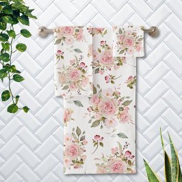 水彩桃色バラ花花花柄 バスタオルセット