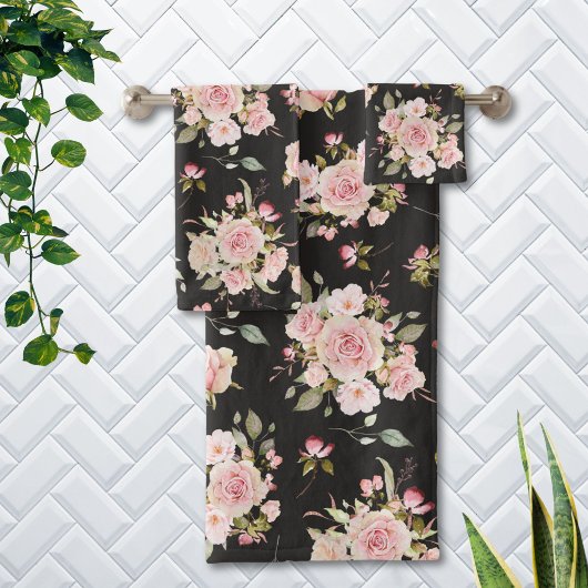 水彩桃色バラ花花花柄 バスタオルセット