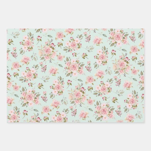 水彩桃色バラ花花花柄 ラッピングペーパーシート (正面)
