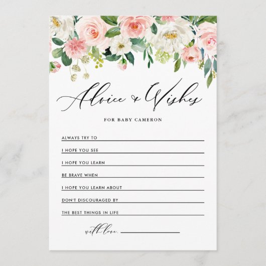 水彩桃色ピーチ花模様の願いベビー アドバイスカード (正面)