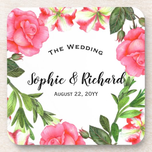 水彩桃色フラワーズサークルリース コースター (正面)