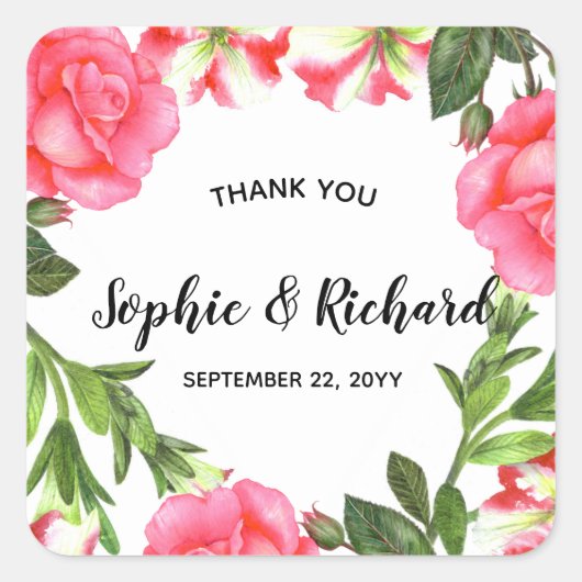 水彩桃色フラワーズサークルリース スクエアシール (正面)