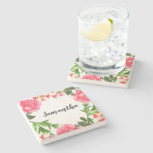 水彩桃色フラワーズサークルリース ストーンコースター (横)