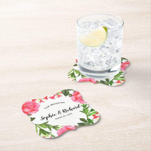 水彩桃色フラワーズサークルリース ペーパーコースター (インサイチュ)