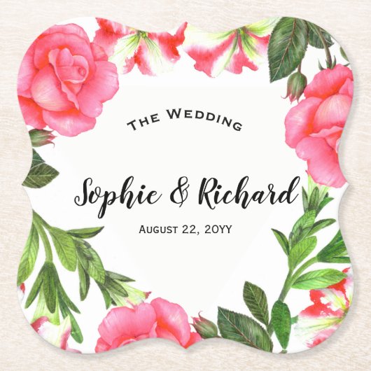 水彩桃色フラワーズサークルリース ペーパーコースター (正面)