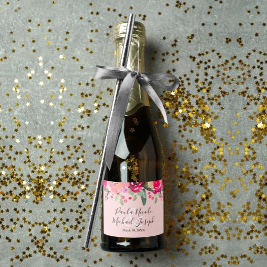 水彩桃色フローラパーソナライズされたス結婚ミニ スパークリングワインラベル